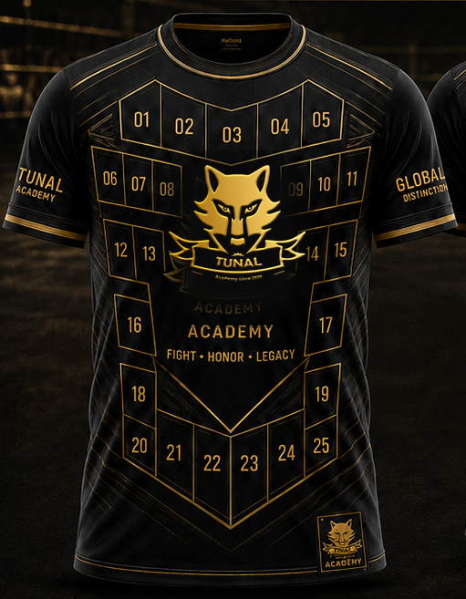 Original black-and-gold shirt concept, front with numbered placements